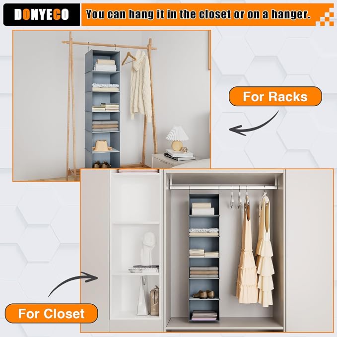 Hanging Closet Organizer 6-Shelf, Oxford Fabric Wardrobe Storage, Gray | Easy-mount foldable design holds clothes, handbags, shoes & accessories; washable Oxford fabric, sturdy and space-saving.