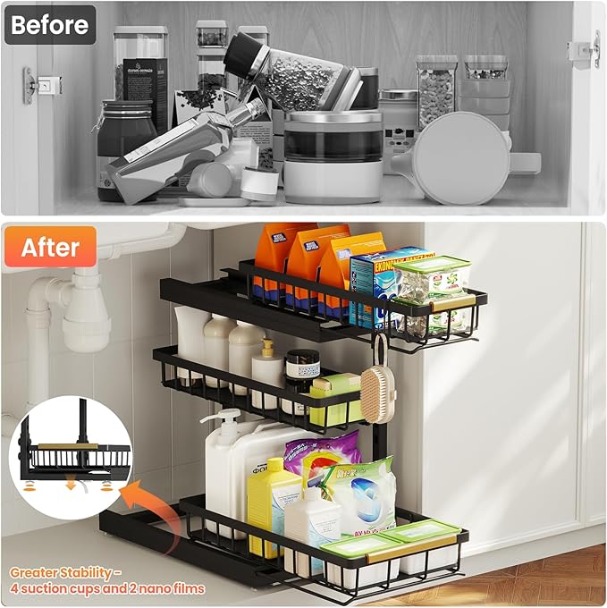 Under Sink Organizer and Storage for Bathroom and Kitchen - 2 Pack 3 Tier Under Cabinet Pull Out Shelf Organizers - Slide Out Drawer Organization for Home Cabinets Shelves and Drawers