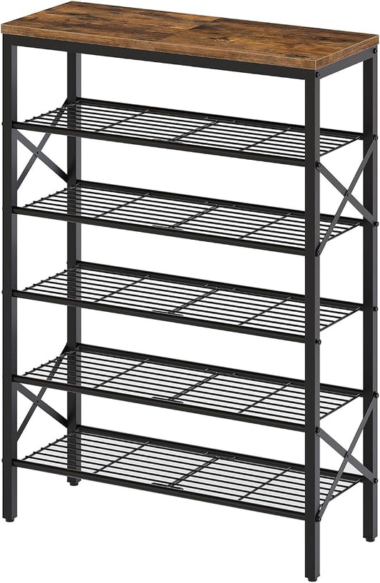 YATINEY 6-Tier Shoe Rack, Shoe Storage Organizer for Closet, Free Standing Shoe Organizer with Metal Mesh Shelves, 24 Pairs of Shoes, Rustic Brown and Black SS06BR