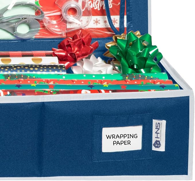 HOLDN’ STORAGE Premium Wrapping Paper Storage Container, Blue | Durable 600D Tear-Proof, Fits 27 Rolls Gift Wrap, Extra Pockets for Ribbons & Bows, Underbed Storage