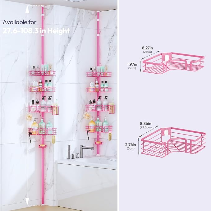 SWTYMIKI Shower Caddy Tension Pole - 4-Tier Corner Shower Organizer Tension Rod with Soap Holder, Toothbrush Holder & 4 Hooks, Adjustable Stainless Steel Bathroom Organizer 27.6 to 108.3 inch, Pink