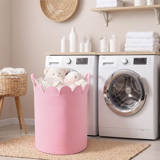 LemonRoad Pink Round Tall Basket Large Blanket Basket 15" x 20" Scalloped Woven Baskets Cotton Storage Baskets for Nursery Classroom Closet Blankets Storage Home Decor