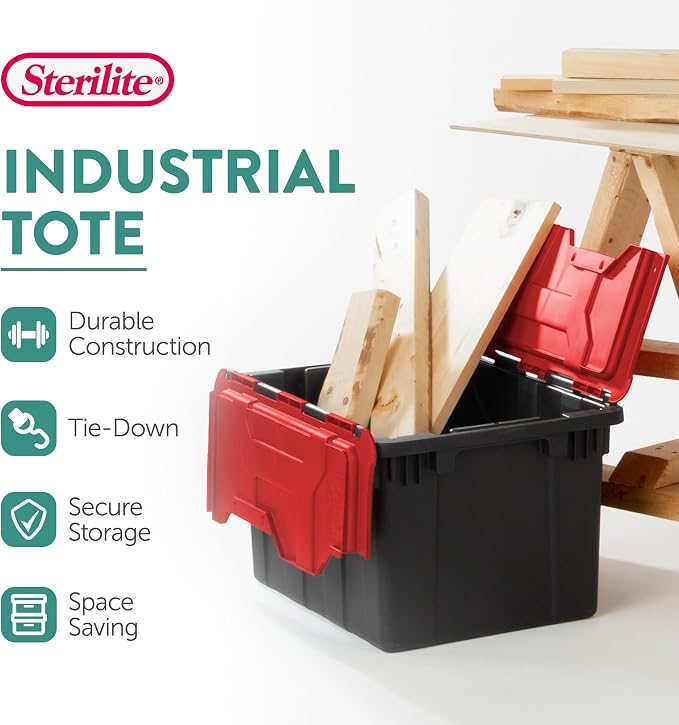 Sterilite Industrial Storage Tote with Lids for Garage, 12 Gallon, 18-Pack | Heavy-Duty and Stackable Utility Box Containers for Home, Office, and Basement Organization, Black/Red