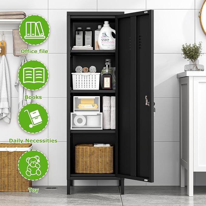 PAOFIN 47" Metal Storage Locker, Lockable Employees Metal Locker with Door and Adjustable Shelves, Steel Locker for Home, School, Office, Gym (Black)