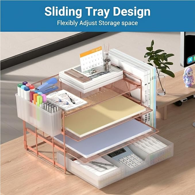 ECOLOVI Desk Organizer, 4-Tier Paper Organizer Letter Tray with File Holder, Drawer and 2 Pen Holders, Desktop File Organizer for Office Supplies, Workspace Storage, Rose Gold