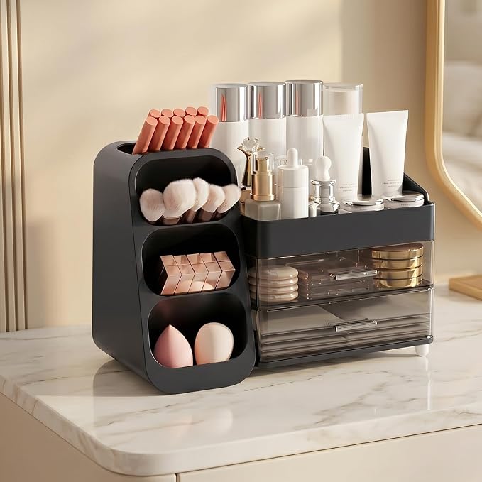 Makeup Organizer for Vanity with Brush Holder and 2 Drawers, Black | Large-Capacity Makeup Holder Organizes Skincare, Cosmetics and Daily Beauty Products for Tidy Vanity and Bathroom Counters