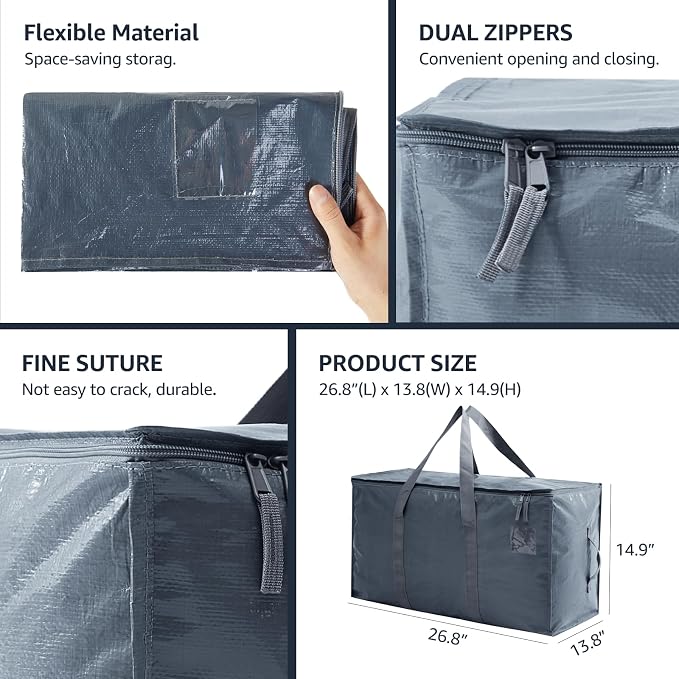 Moving Bags Heavy Duty Extra Large, Moving Boxes, Moving Supplies Essentials,Storage Bins with Lids, Plastic Packing Totes, Storage Bags for Clothes with Handles & Zippers(Grey, 6 Pack)