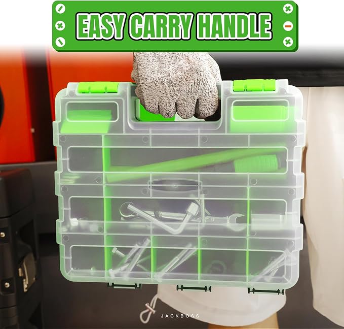 Jack Boss Tool Box with Transparent Lid, Double Side 34-Compartments Organizer Box with Removable Dividers for Hardware, Screws, Bolts, Nails, Beads, Jewelry and Fishing Accessories, Green, 1 Pack