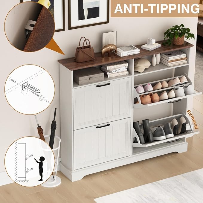 Hidden Shoe Storage Cabinet with 4 Flip Drawers & Open Storage | Farmhouse Modern Shoes Rack Cabinet,Adjustable Shelves ,Narrow Slim Shoe Organizer for Entryway,Foyer,Hallway,Antique White