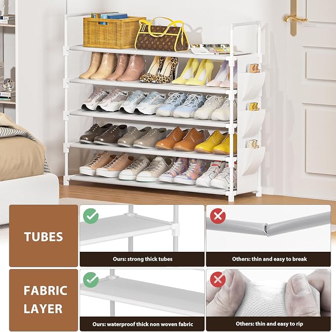 OYREL 5 Tier Shoe Organizer, 33.3in Wide x 11.2in Deep x 35.6in Tall, Black Metal and Plastic Shoe Rack with Side Bag, Holds 20-25 Pairs of Shoes | Closet, Entryway, Garage, Door Entrance, Space Saving Shoes Holder Stand, Sturdy Metal Free Standing She...