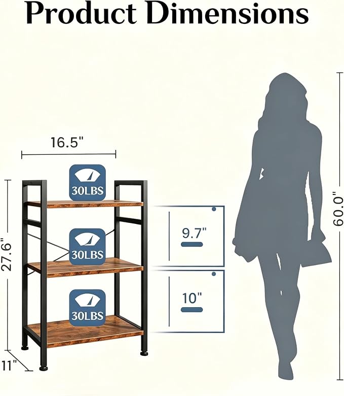 HealSmart 3 Tier Bookshelf, Free Standing Book Shelf Home Office Bookcase Shelf Storage Organizer for Bedroom, Bathroom, Living Room, Office, Balcony, Rust Brown