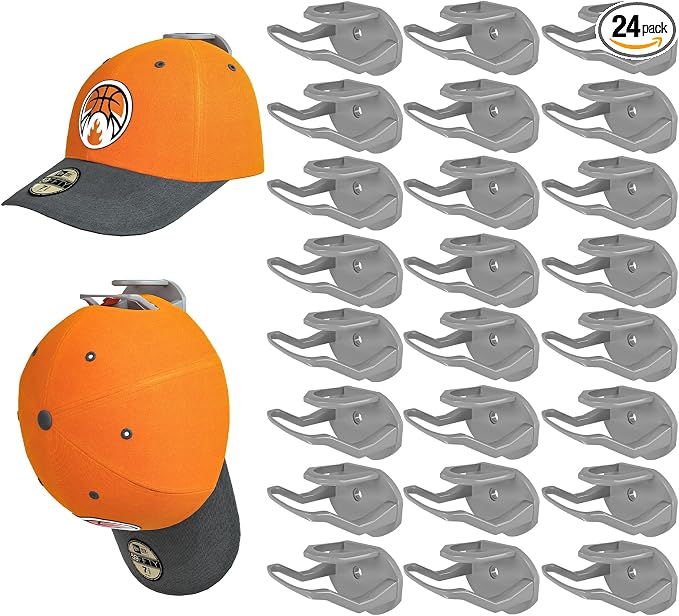 Niunuerga 24 Pack Hat Hooks for Wall, Strong Adhesive Hat Rack for Baseball Caps, Minimalist Hat Organizer Display for Home Decor, Hat Hold Hanger for Wall, Door, Closet, No Drilling (Grey)