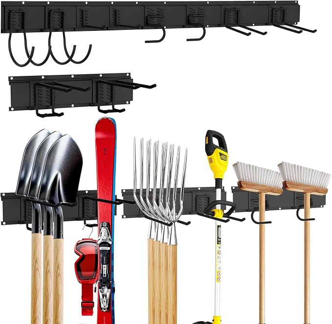 Garage Tool Organizer Wall Mount, Heavy-Duty Garage Storage System and Garden Tool Organizer with Adjustable Hooks for Shovel, Snowboard, Yard Tools and Shed (64"-10hooks)