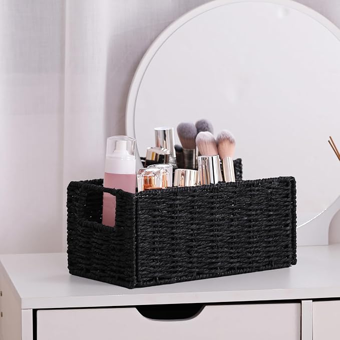 Vagusicc Wicker Storage Basket, Set of 2 Hand-Woven Paper Rope Wicker Basket, Small Storage Baskets for Organizing Toilet Paper Baskets, Foldable Large Cube Storage Organizer Bin for Shelves (Black)