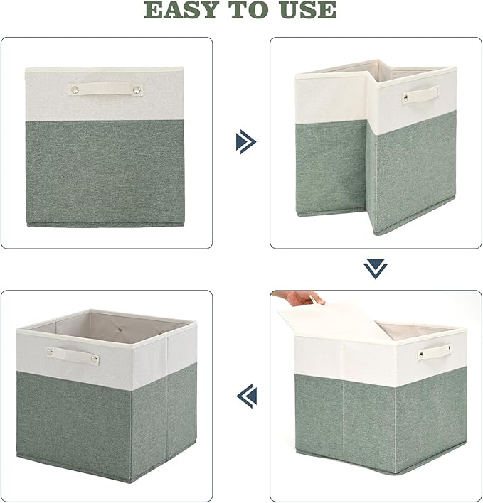 FinishingBo 13x13x13 Storage Cube Bins 4 Pack, Cube Shelf Baskets | Foldable Storage Cubes, Linen Storage Bins with Handles, Closet Organizers, White/Green