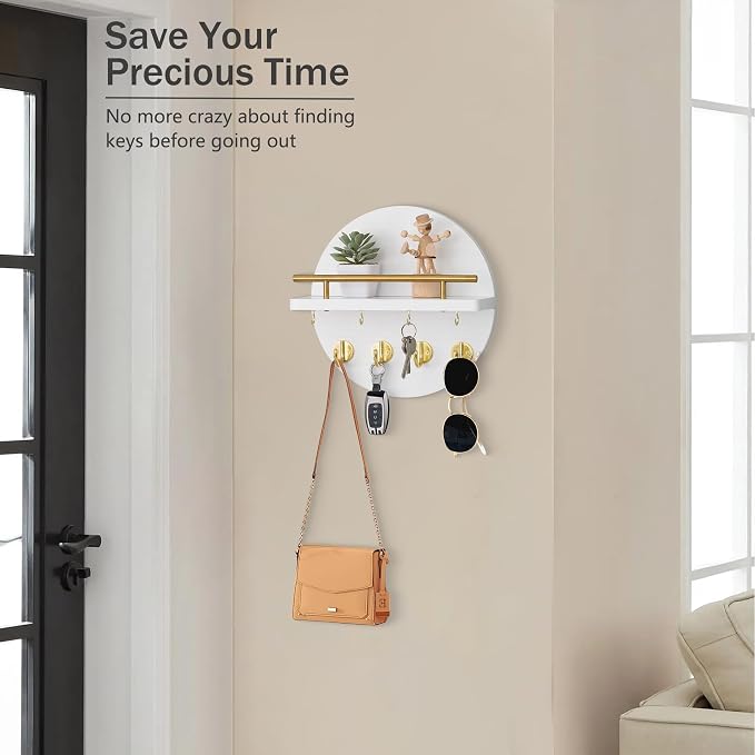 dreampossible Key Holder Wall Mount - 10.2 Inch Decorative Key Rack and Mail Organizer with 8 Key Hooks - Wooden Key Hanger with Shelf for Wall and Home Decor