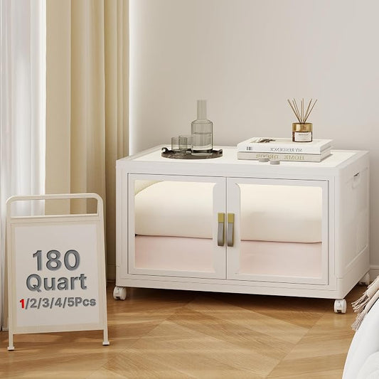 Stackable Storage Bins with Lids, 180QT Extra Large Storage Cabinet | Clear Doors, Foldable Storage Drawers, Heavy Duty, Collapsible Closet Organizers for Bedroom Office (1, White, 180, Quarts)