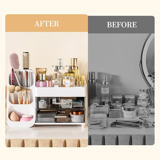 Makeup Organizer with Drawers for Vanity Bathroom Counter Organizers and Storage, Large Skincare Organizer with Brush Toothbrush Holder for Perfume, Nail Polish, Dresser, Office Supplies, White