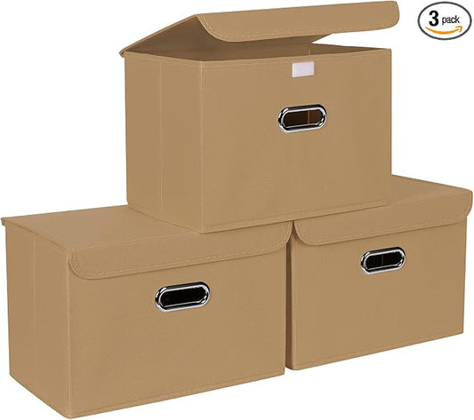 STOREONE Fabric Storage Cube Bins Foldable Organizer Container Collapsible Basket with Lids and Metal Handles, for Home, Bedroom, Closet 3 Pcs (Khaki)
