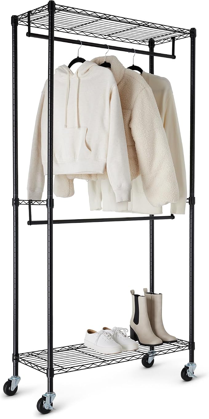 Amazon Basics Adjustable Double Rod Rolling Garment Rack, Hanging Clothes Closet Organizer with Wheels, Heavy Duty, 36" x 14" x 72", Black