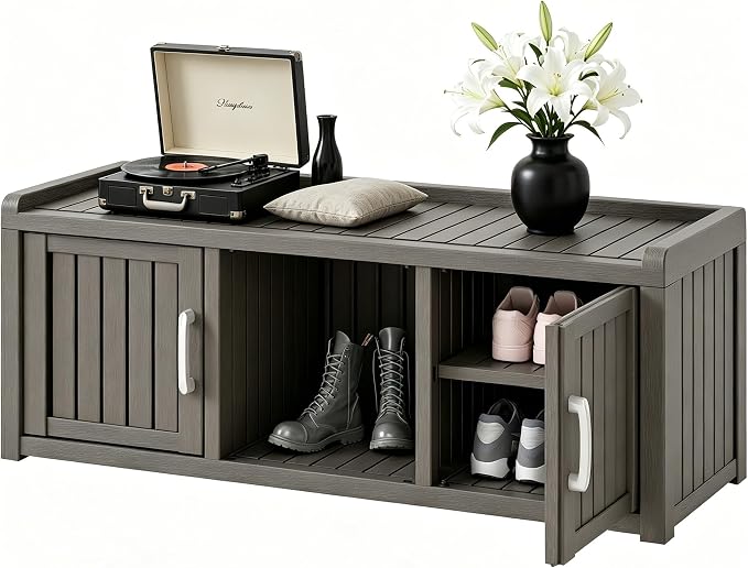 2-Tier Storage Bench, Waterproof UV-Resistant Outdoor Shoe Storage Cabinet with 2 Doors & Adjustable Shelves for Indoor Outdoor Entryway, Hallway, Living Room(Classic Grey)