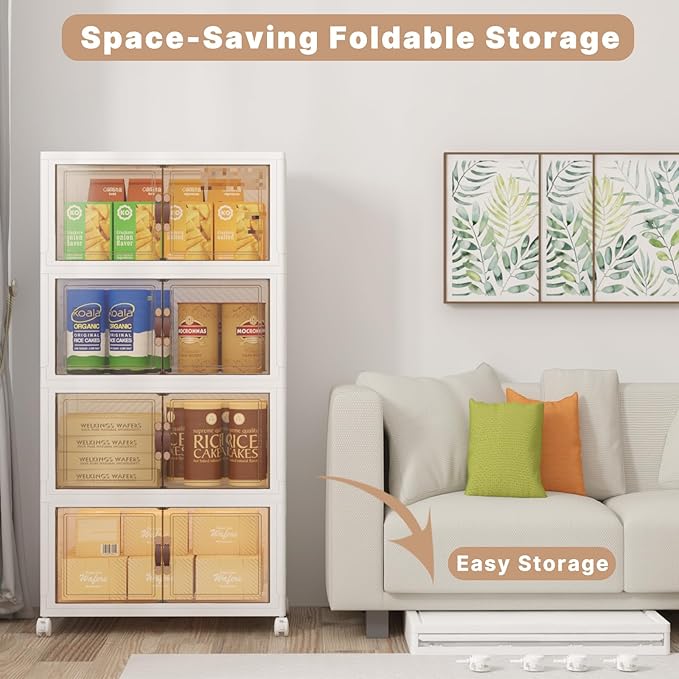 Stackable Storage Bins with Lids, 480QT Closet Organizers and Storage Cabinet with Doors & Wheels, Lockable Plastic Foldable Drawers for Bedroom Dorm Office Garage（120QT*4,White）