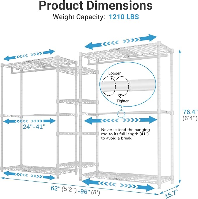 VIPEK X3 Expandable Heavy Duty Clothes Rack Closet Organizer System White | Large Freestanding Clothing Racks with Adjustable Shelves and Hanger Rods from 5'2" to 8', Reach-in & Walk-in Closet, 1210LBS