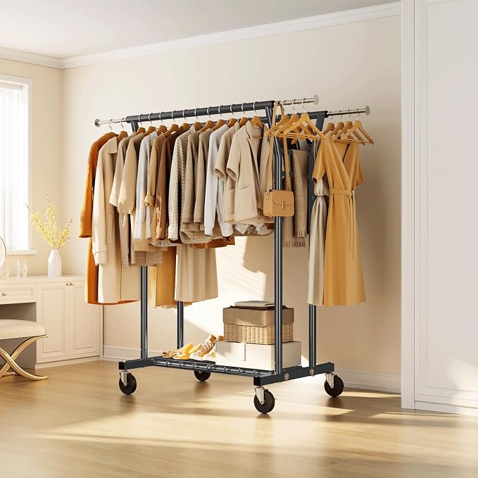 HYSEYY Heavy Duty Clothes Rack, Rolling Clothing Rack for Hanging Clothes with Shelves Load 700LBS,Portable Garment Wardrobe Closet Rack with Wheels for Bedroom,Laundry Room,Retail Store,Black