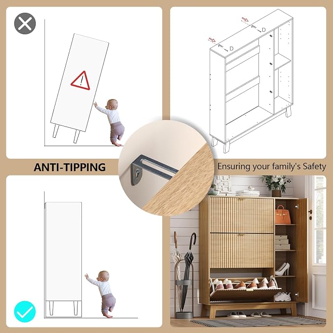 Shoe Cabinet Storage for Entryway with 3 Flip Drawers & Side Cabinet, Fluted Narrow Shoe Organizer with Wooden Leg, Freestanding Shoe Storage Hidden Shoe Rack Organizer for Front Door Entrance, Oak