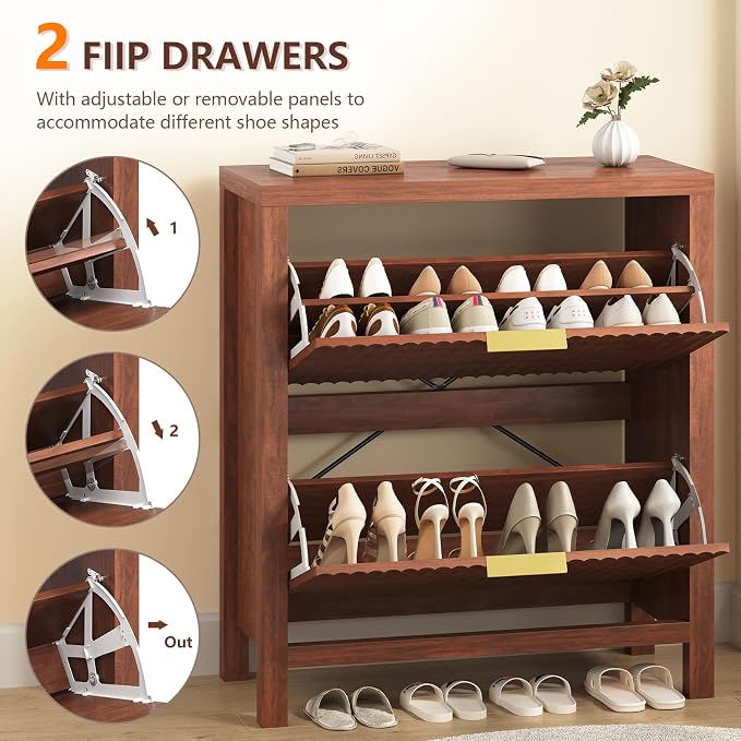 Fluted Shoe Cabinet Storage with 2 Flip Drawers for Entryway, Hallway | Narrow Shoe Rack Freestanding Shoe Organizer with Legs for Entryway，Hallway, Red Walnut