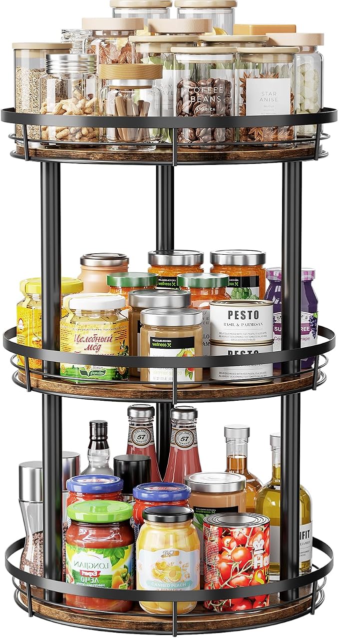 LAMU 12'' Wood Lazy Susan Spice Rack Organizer, 3 Tier Spice Organization for Cabinet, Countertop, Kitchen, Table Top, Pantry, Condiment and Seasoning Rack Organizer
