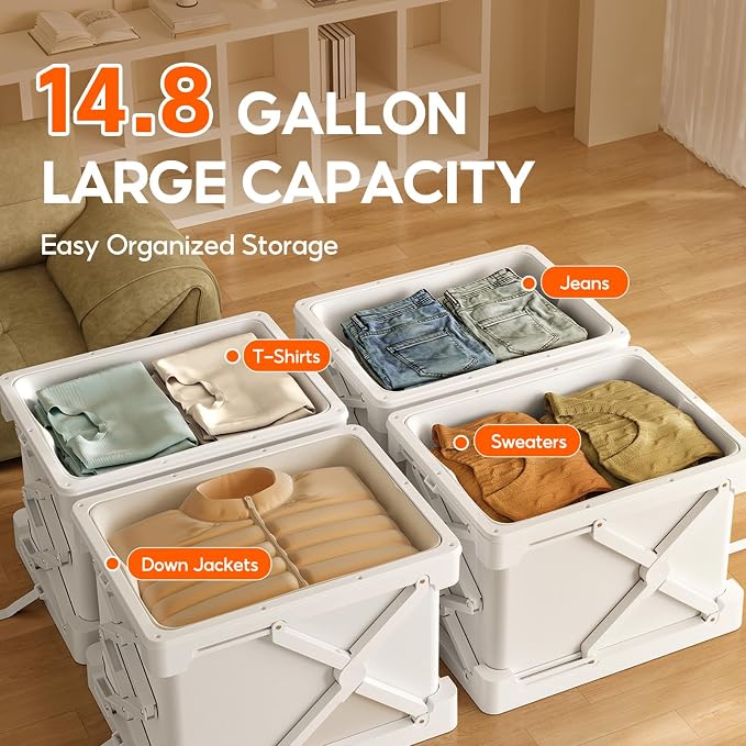 Storage Bags for Clothing - 14.8 Gal Space Saver Collapsible Vacuum Storage Boxes with Lids, Stackable Storage Bins, Large blanket Storage Bags for Comforter, Sweaters & Cashmere(4-Pack)