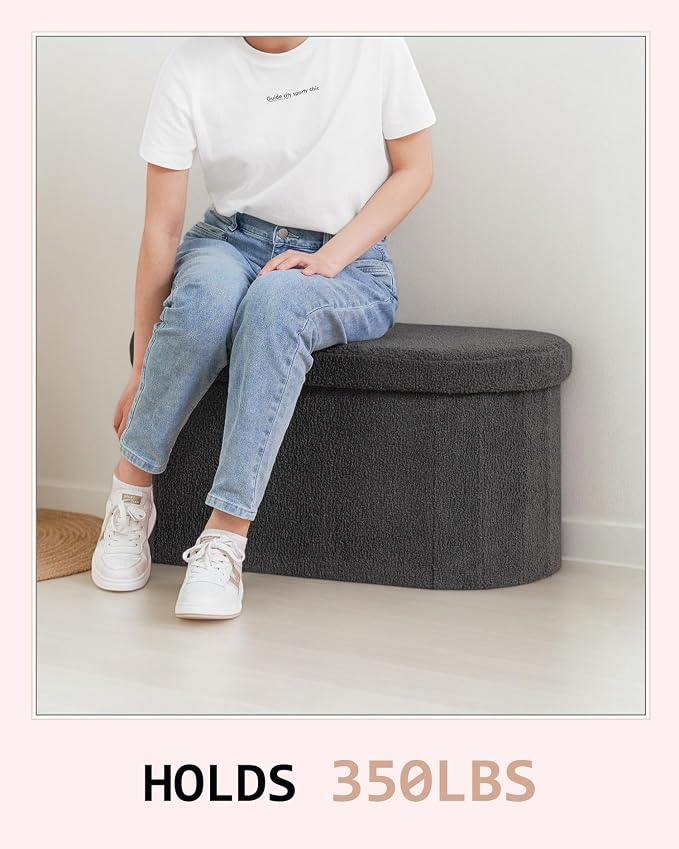 30 Inches Oval Storage Ottoman Bench, Foldable Footrest | Teddy Boucle Fabric, Hidden Storage, Soft Padded Seat, Compact Ottoman for Living Room, Bedroom, Dorm, Dark Grey