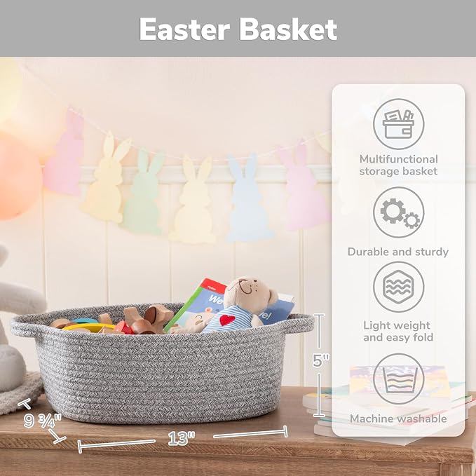 CHICVITA Small Woven Rope Gift Basket, Decorative Boo Basket, Grey | 13" x 10" x 5", Storage Baskets for Baby Shower & Nursery Essentials, Shelf & Closet Organization, Built-In Handles