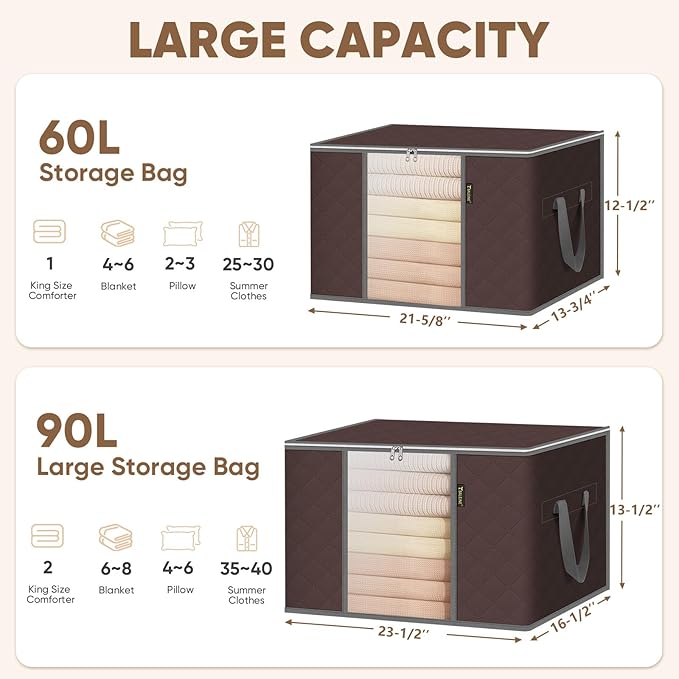 BALEINE 4 Pack Clothes Storage Bags, 16 Gallon Storage Containers with Reinforced Handle, Sturdy Zipper, Closet Organizer for Blanket, Comforter, Pillow, Bedding (Brown, 4 Pack)