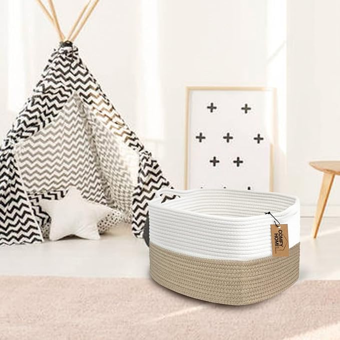 COMFY-HOMI Cotton Rope Woven Basket with Handles for Shelves,Toys,Book, Cloth Storage Baskets Bin for Organizing- 1 PCSToy Decorative Organizer for Living Room, Bathroom