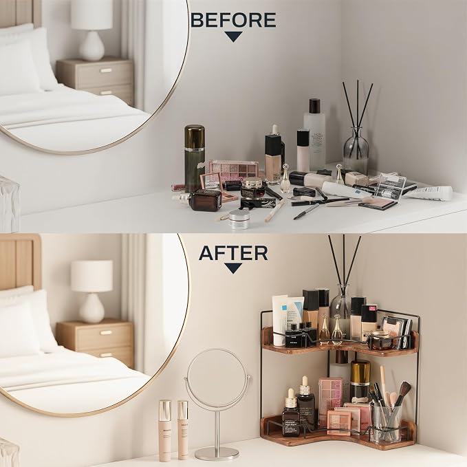 2-Tier Bathroom Counter Organizer, Wooden Corner Shelf for Vanity Countertop Skincare & Makeup, Storage and Organization for Kitchen