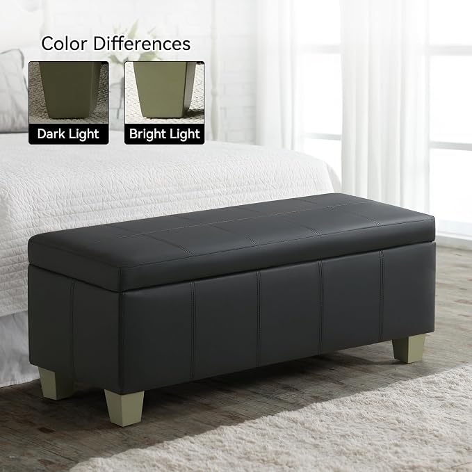 WUTUTUEE 51" Faux Leather Storage Ottoman, Stitch Tufted Rectangle Upholstered End of Bed Storage Bench, Entryway Large Couch Ottoman with Wooden Legs, Dark Black