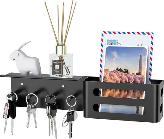 MKO Key Holder Wall Mount, Adhesive Key Hanger with 4 Hooks for Wall, Black | Metal Material, Key Rack with Shelf, Wall Mount, Mail Organizer Tray, Suitable for Entryway, Hallway, Living Room