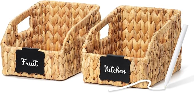 Wicker Baskets for Organizing, Pantry Baskets with Built-in Handles, Handwoven Wicker Storage Basket, Water Hyacinth Storage Bins for Shelves, Small - 2pcs, Natural