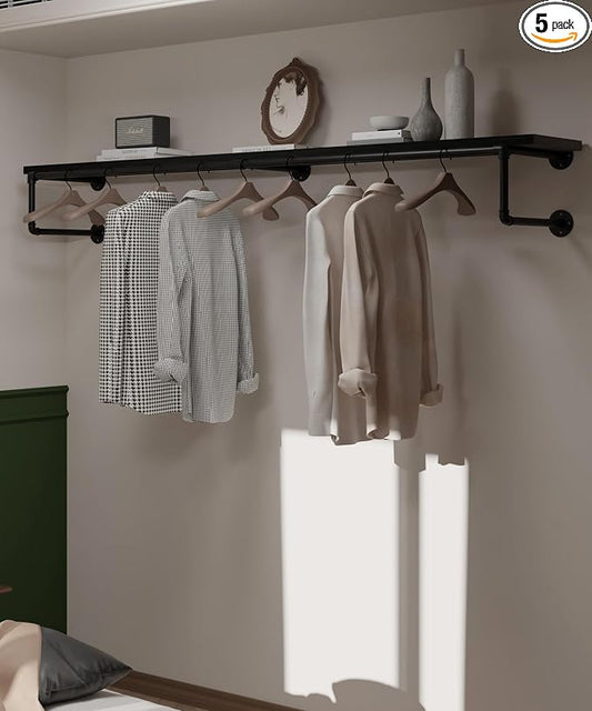 Clothes Rack 70in, Wall Mounted Garment Racks with Real Black Wood Shelf, Heavy Duty Hanging Clothes Rack, Multi-Purpose Hanging Rod, Space-Saving Closet Storage