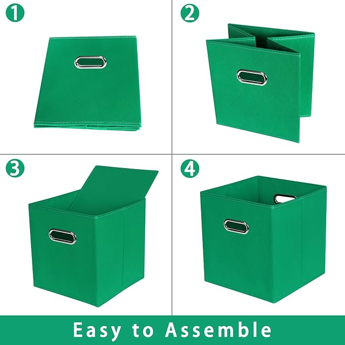 Green Foldable Storage Bins, 11x11x11, Set of 3, (Fabric Cube Organizer with Handle, for Cloth or Accessory Storage)