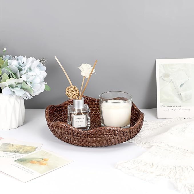 Hipiwe Decorative Key Bowl 8.5" Round Basket Bowl Handwoven Rattan Basket | Wicker Storage Basket Decorative Basket for Entryway Coffee Table Livingroom Fruit Bread Serving Tray, Brown