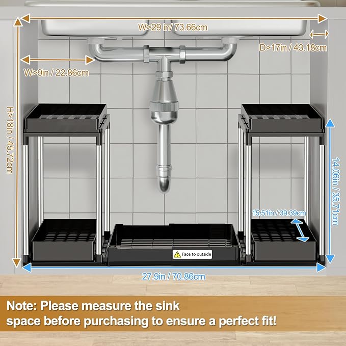 NIUXX Expandable Under Sink Organizer: 2 Tier Under Cabinet Organizer - Double Pull Out Shelf Under Sink Storage for Kitchen - Bathroom and Laundry Room - Space Saving