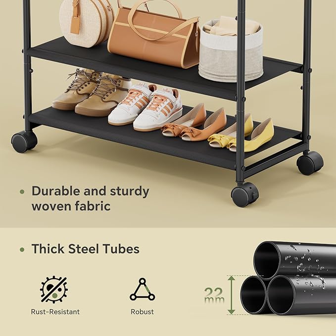Simple Trending Clothes Rack, Double Rods Clothing Rack with Shelves, Black | Metal Garment Rack with 2-tier Fabric Shelves, 400 LBS Load, Anti-Slip Stoppers, 360° Lockable Wheels, Bedroom, Laundry Room