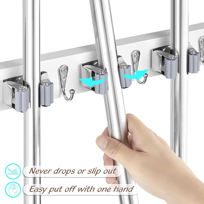 OUTNILI Mop and Broom Holder Wall Mount - White Broom Mop Hanger - Wall Mounted Garden Tool Rack Organizer for Closet Garage Laundry Room Kitchen Decor With 5 Slots & 4 Hooks