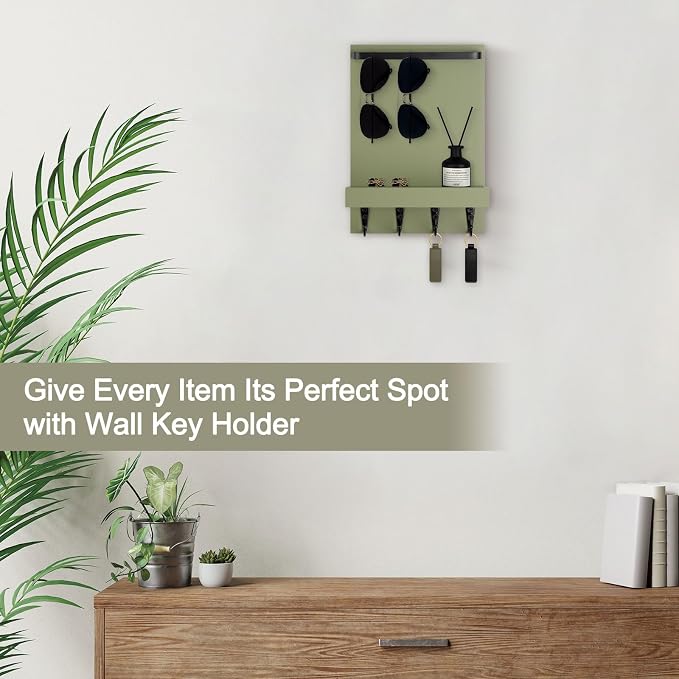 Key Holder Wall Mount, Key Holder for Wall with 4 Hooks, Farmhouse Key Hanger Holds Dog Leash, Sunglasses – Decorative Mail Organizer Home Decor