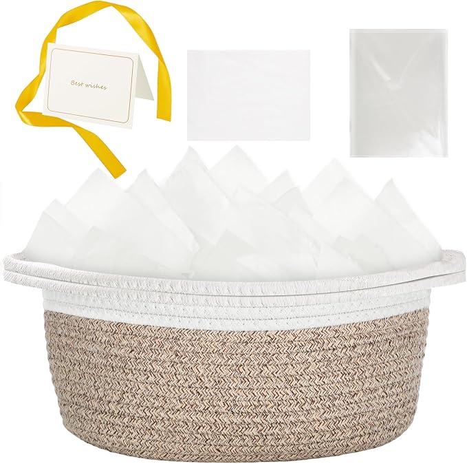 woric Small Woven Storage Basket Dog Toy Baskets for Gifts Empty | Cotton Rope Basket with Handle Graduation Decorative Baskets (Brown 12"X 8" X 5" with Gift Bag Card Ribbon Tissue Paper)