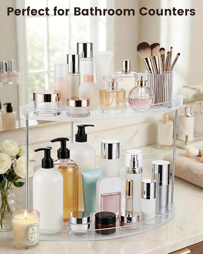2 Tier Bathroom Counter Organizer, Clear Vanity Shelf Organizer for Skincare & Perfume, Non-Slip Bathroom Counter Shelf for Small Spaces, Bathroom Vanity Organizer Countertop (Triangular)