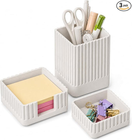 Desk Organizer Set of 3 for Office Accessories - Includes Pen Holder, Paperclip Storage, and Sticky Note Holder - Aesthetic Concrete Desktop Accessories for Women or Men, Office Decor (White)